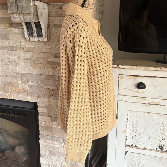 Andthewhy tan collared open knit long sleeve vneck sweater - Picture 7 of 16